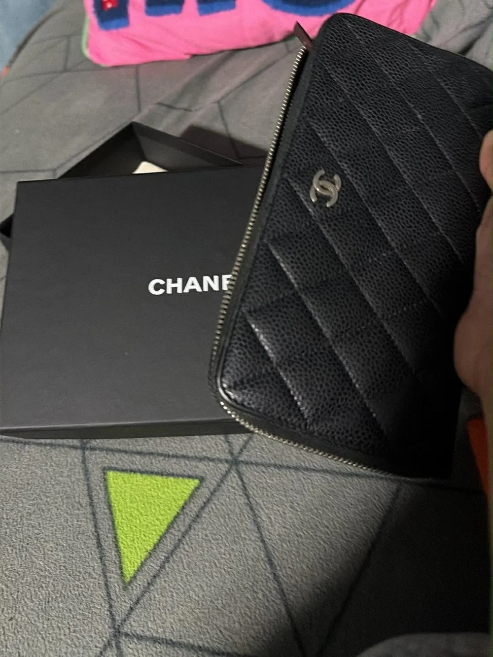 CHANEL Black Quilted Caviar Zip Wallet with Silver CC
